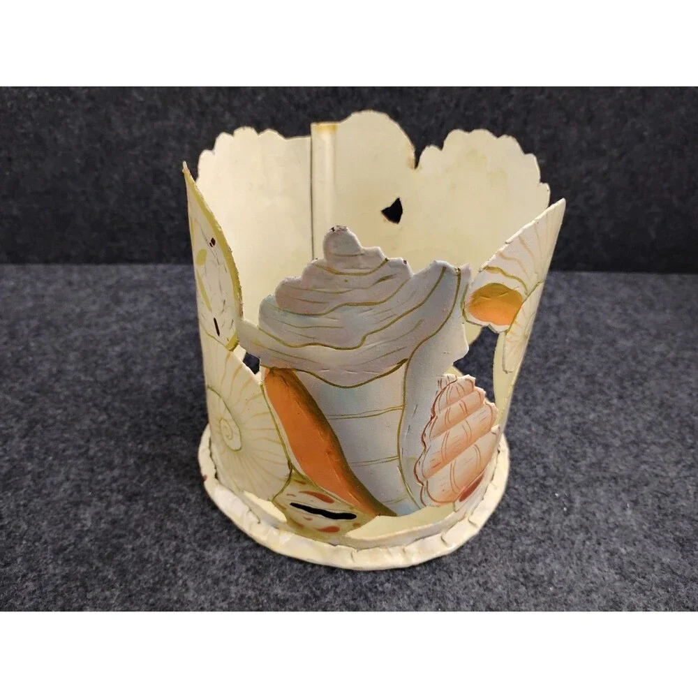 Vintage Coastal Seashell Motif Handmade Metal Candle Holder Artist Signed 5